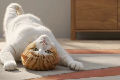 Egy fehér-narancssárga macska a hátán fekszik, lábait az ég felé nyújtva, otthoni környezetben.