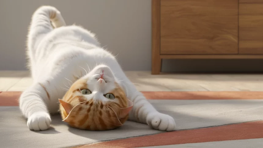 Egy fehér-narancssárga macska a hátán fekszik, lábait az ég felé nyújtva, otthoni környezetben.