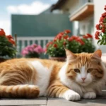 Egy aranyos, vörös-fehér macska pihen a virágok között, napfényben.