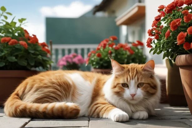 Egy aranyos, vörös-fehér macska pihen a virágok között, napfényben.