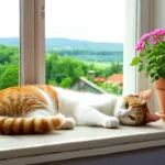 Egy pihenő macska fekszik az ablakpárkányon, virágok között, zöld dombokkal a háttérben.