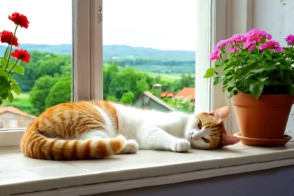 Egy pihenő macska fekszik az ablakpárkányon, virágok között, zöld dombokkal a háttérben.