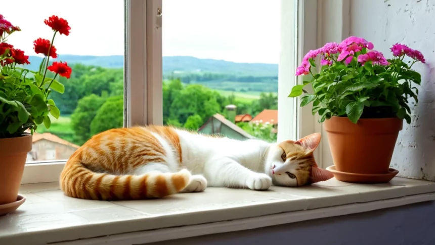 Egy pihenő macska fekszik az ablakpárkányon, virágok között, zöld dombokkal a háttérben.