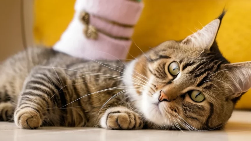 Egy otthoni macska pihen a padlón, kíváncsi tekintettel és puha bundával.