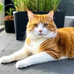 Egy gyönyörű, narancssárga-fehér macska fekszik a teraszon, zöld növények között.