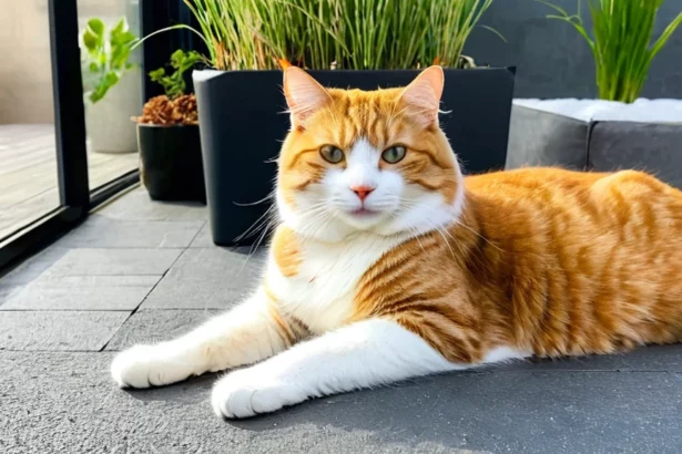 Egy gyönyörű, narancssárga-fehér macska fekszik a teraszon, zöld növények között.