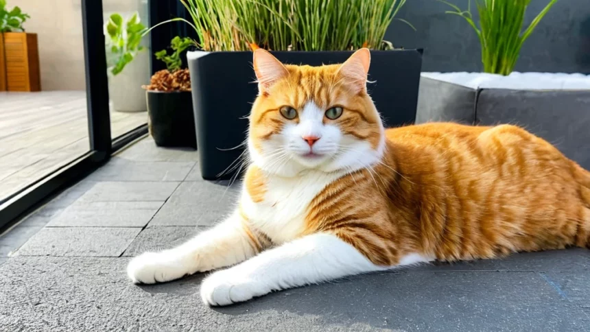 Egy gyönyörű, narancssárga-fehér macska fekszik a teraszon, zöld növények között.