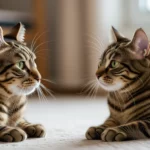 Két csíkos macska fekszik egymással szemben, figyelmesen nézve egymást.