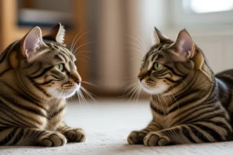 Két csíkos macska fekszik egymással szemben, figyelmesen nézve egymást.