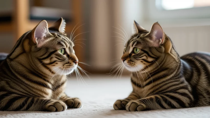 Két csíkos macska fekszik egymással szemben, figyelmesen nézve egymást.
