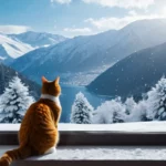 Egy narancssárga macska ül az ablakban, és a hóval borított tájat nézi.