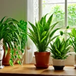 Két cica ül egy fás ablakpárkányon, körülöttük zöld szobanövények.