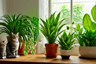 Két cica ül egy fás ablakpárkányon, körülöttük zöld szobanövények.