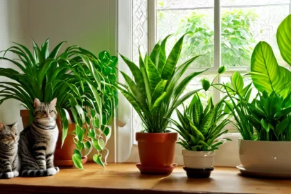 Két cica ül egy fás ablakpárkányon, körülöttük zöld szobanövények.