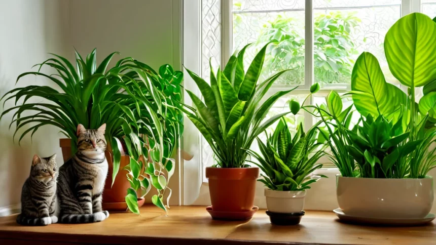 Két cica ül egy fás ablakpárkányon, körülöttük zöld szobanövények.