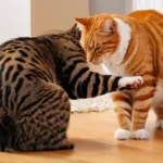 Két macska interakciója: egy csíkos és egy narancssárga cica játszik egymással otthoni környezetben.