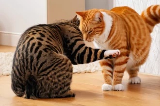 Két macska interakciója: egy csíkos és egy narancssárga cica játszik egymással otthoni környezetben.