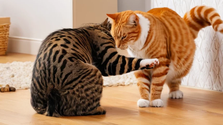 Két macska interakciója: egy csíkos és egy narancssárga cica játszik egymással otthoni környezetben.