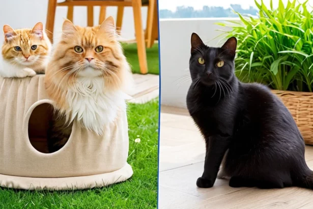 Két macska, egy vörös és egy fekete, egy kényelmes fekhelyen pihen, zöld növények mellett.