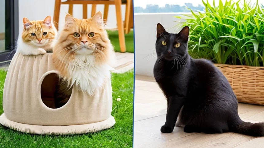 Két macska, egy vörös és egy fekete, egy kényelmes fekhelyen pihen, zöld növények mellett.