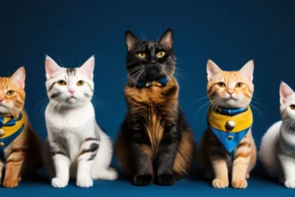 Öt különböző macska áll egymás mellett, mindegyik színes nyakörvben, barátságos arckifejezéssel.