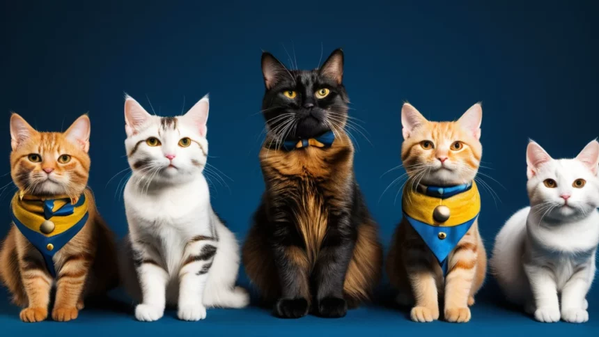 Öt különböző macska áll egymás mellett, mindegyik színes nyakörvben, barátságos arckifejezéssel.