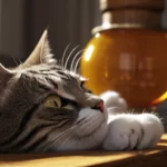 Egy pihenő cica, aki a napfényben fekszik, lágyan pihen a faasztalon.