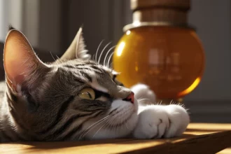 Egy pihenő cica, aki a napfényben fekszik, lágyan pihen a faasztalon.