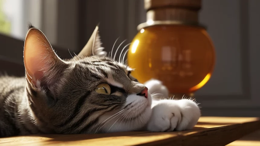 Egy pihenő cica, aki a napfényben fekszik, lágyan pihen a faasztalon.