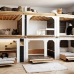 Egy modern macskabútor, amely több szinten kínál pihenőhelyet macskáknak, barátságos és biztonságos környezetet teremtve számukra.