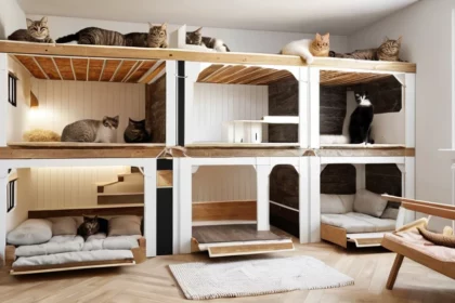 Egy modern macskabútor, amely több szinten kínál pihenőhelyet macskáknak, barátságos és biztonságos környezetet teremtve számukra.