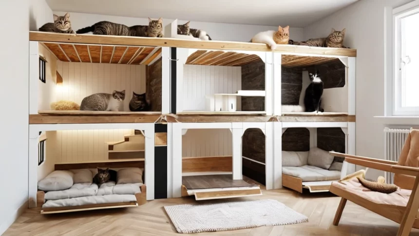 Egy modern macskabútor, amely több szinten kínál pihenőhelyet macskáknak, barátságos és biztonságos környezetet teremtve számukra.