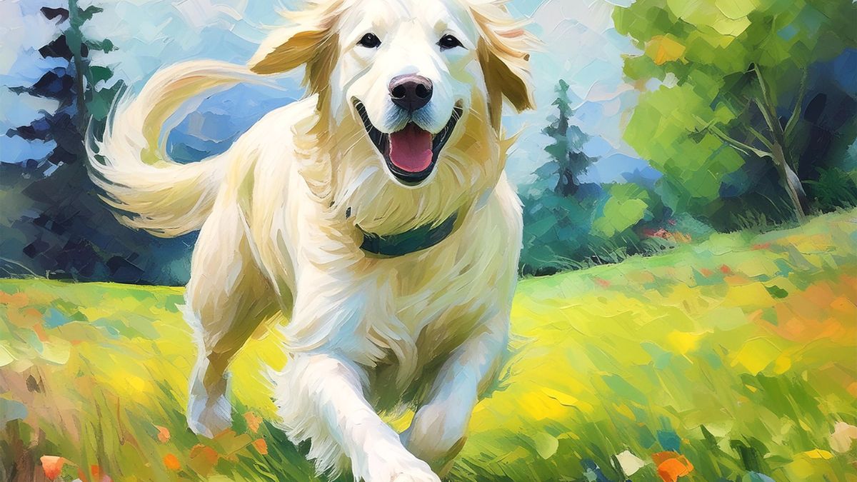 Egy boldog arany retriever fut egy zöld mezőn, napfényben játszik.