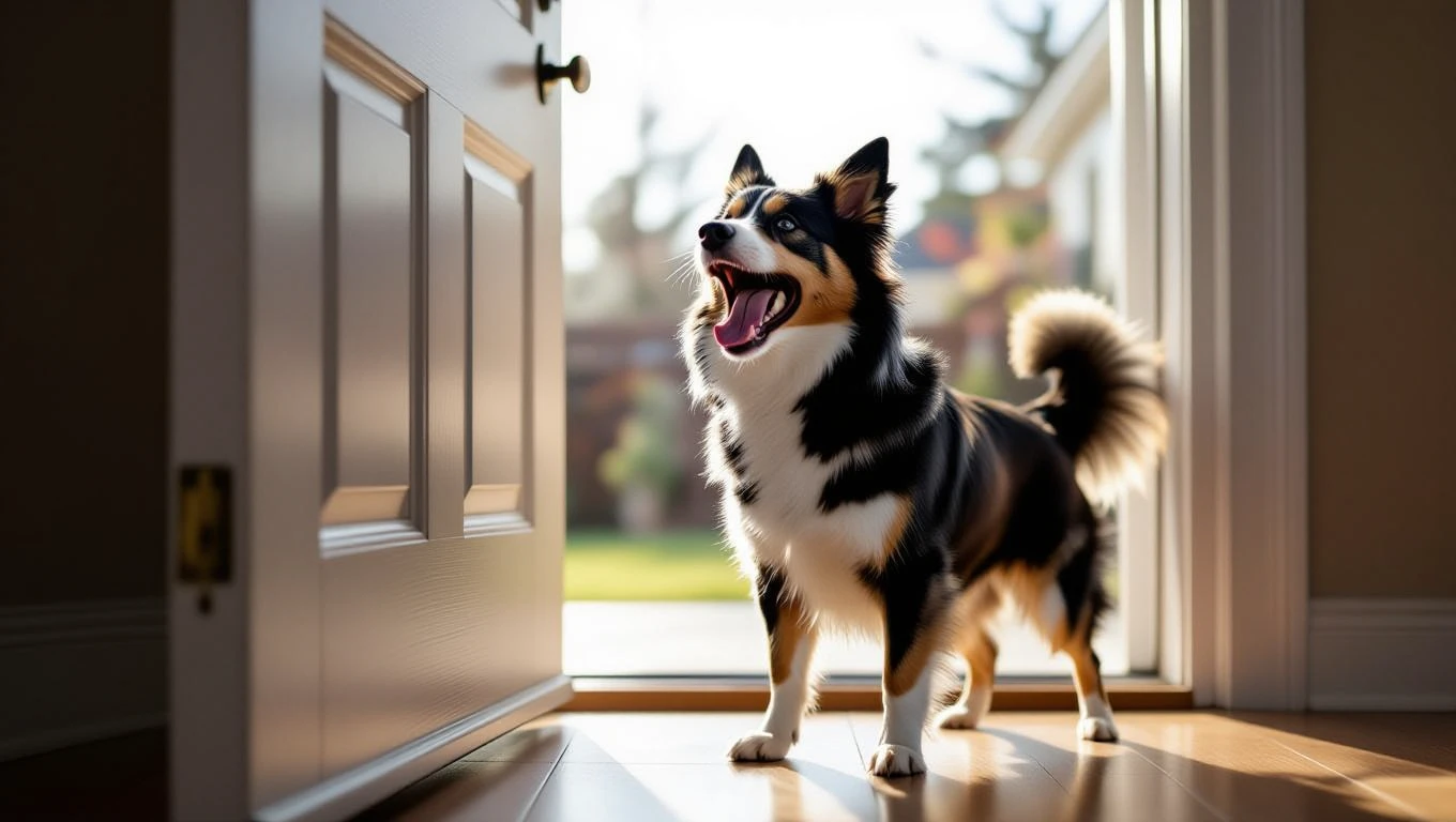 Egy boldog kutya áll az ajtóban, széles mosollyal és ugatva várja a látogatókat.