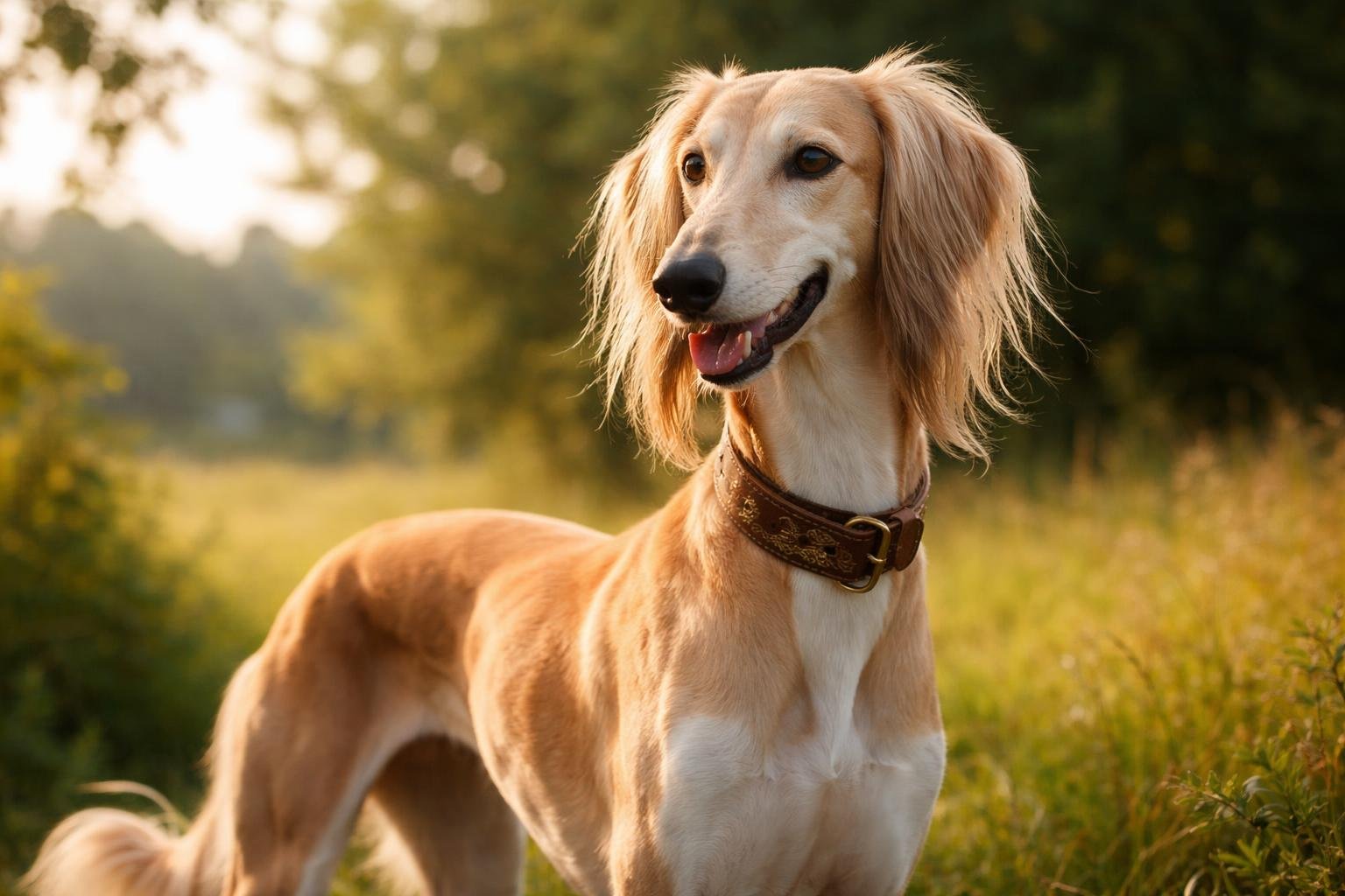 Arab agár kutya szabadban, gyönyörű háttérrel