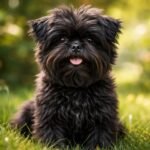 Fekete affenpinscher kiskutya a zöld fűben, boldogan ülve.
