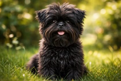 Fekete affenpinscher kiskutya a zöld fűben, boldogan ülve.