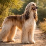 Elegáns afgán agár fajtájú kutya egy erdei ösvényen