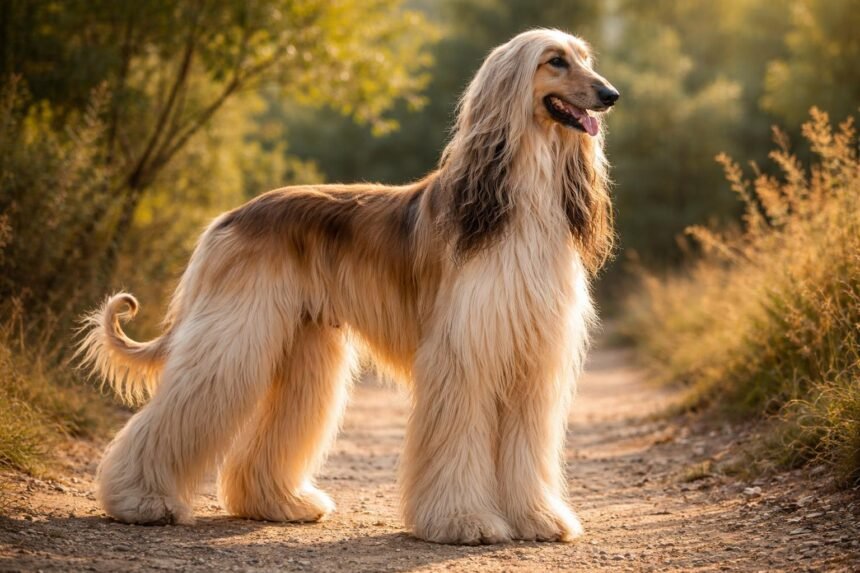 Elegáns afgán agár fajtájú kutya egy erdei ösvényen