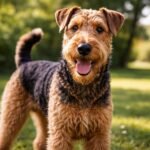 Airedale terrier kutya boldogan a szabadban, zöld háttérrel.
