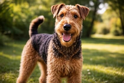 Airedale terrier kutya boldogan a szabadban, zöld háttérrel.