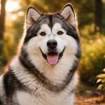 Egy boldog alaszkai malamut a természetben, napsütésben.