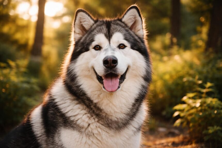 Egy boldog alaszkai malamut a természetben, napsütésben.