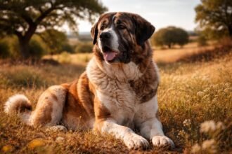 Alentejo masztiff a mezőn fekve