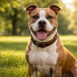 Egy boldog amerikai staffordshire terrier a zöld fűben.