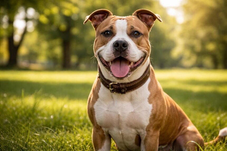 Egy boldog amerikai staffordshire terrier a zöld fűben.