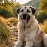 Anatóliai juhászkutya szabadban ülve, napfényes környezetben.