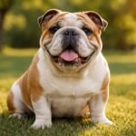 Angol bulldog, ráncos arcú, kedves és nyugodt kutya a fűben.