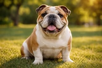 Angol bulldog, ráncos arcú, kedves és nyugodt kutya a fűben.