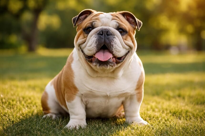 Angol bulldog, ráncos arcú, kedves és nyugodt kutya a fűben.